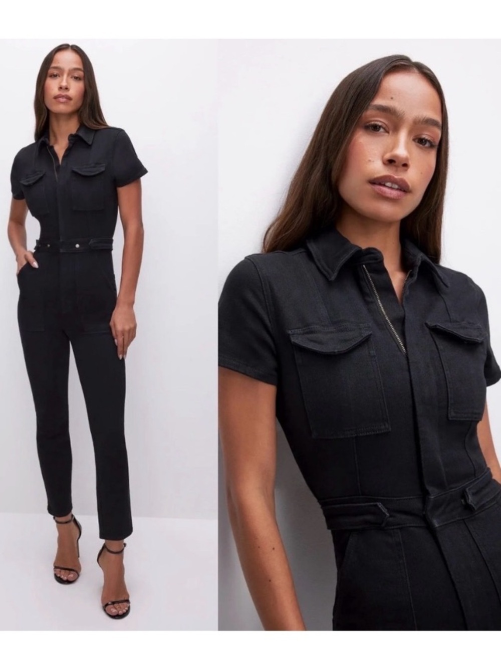 GOOD AMERICAN Black Short Sleeve Utility Jumpsuit